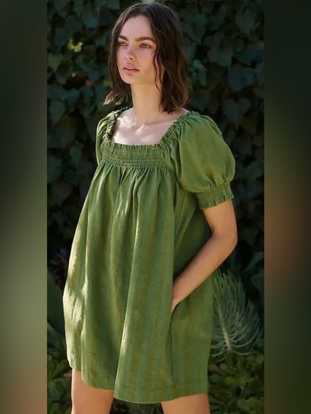 Free People free-est Mila Green Striped Smocked Square-Neck Mini Dress - Picture 1 of 8